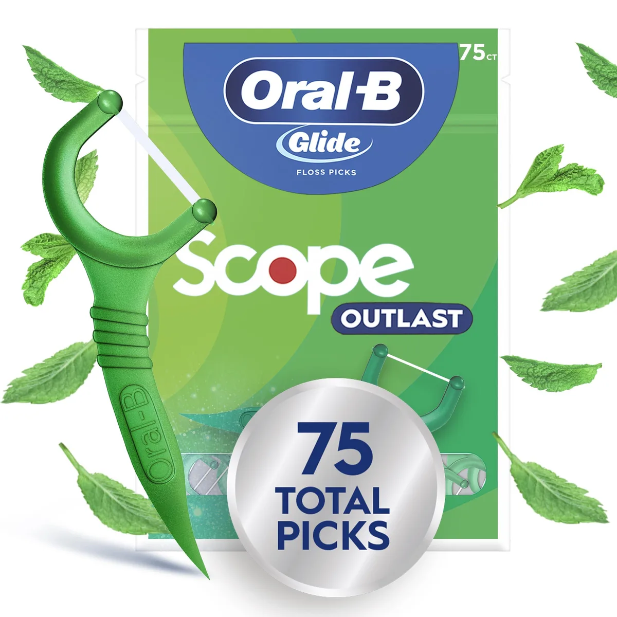 Pack of 75 Oral-B Glide floss picks in Scope flavor, white plastic handles with mint floss