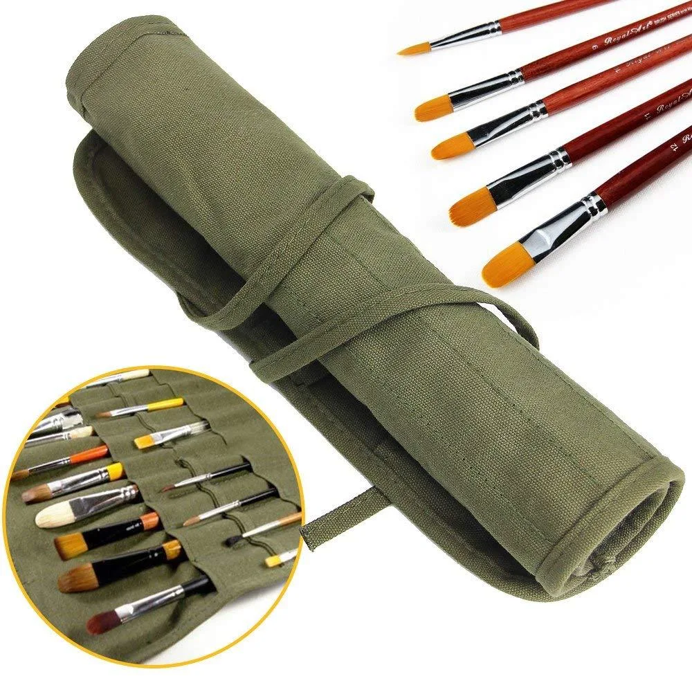 Army green canvas brush roll with 22 pockets, rolled closed