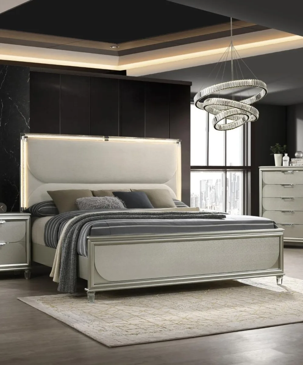 tuphen tuphen Silver Fabric Queen Bed with LED Embossed Headboard — product photo