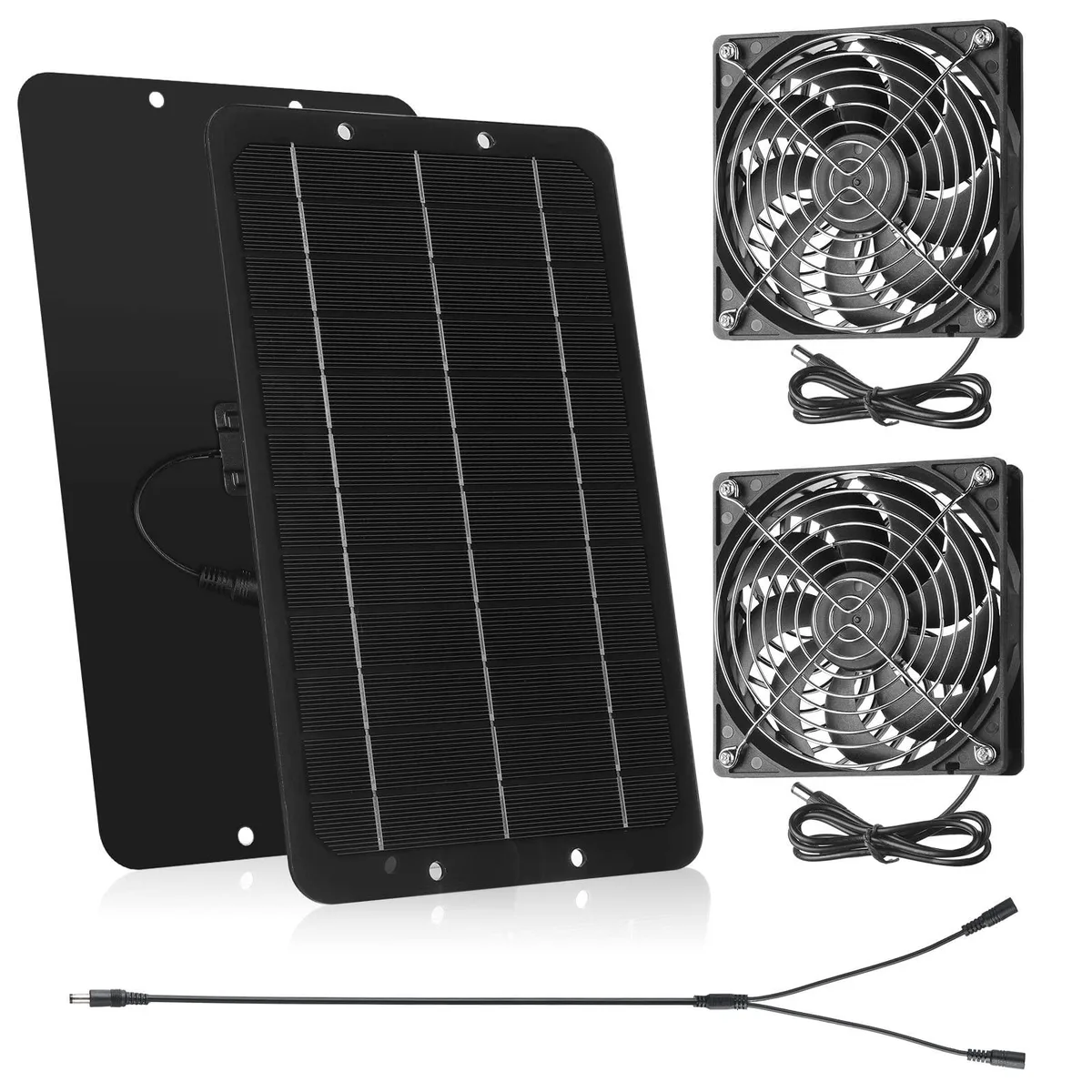 A 10W solar panel connected to two small fans with metal guards