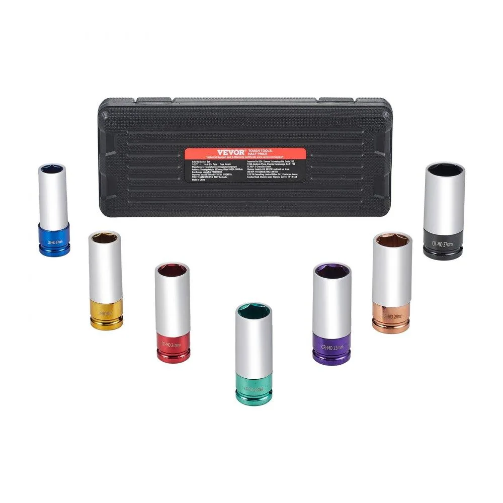 Seven deep metric sockets in a compact black case