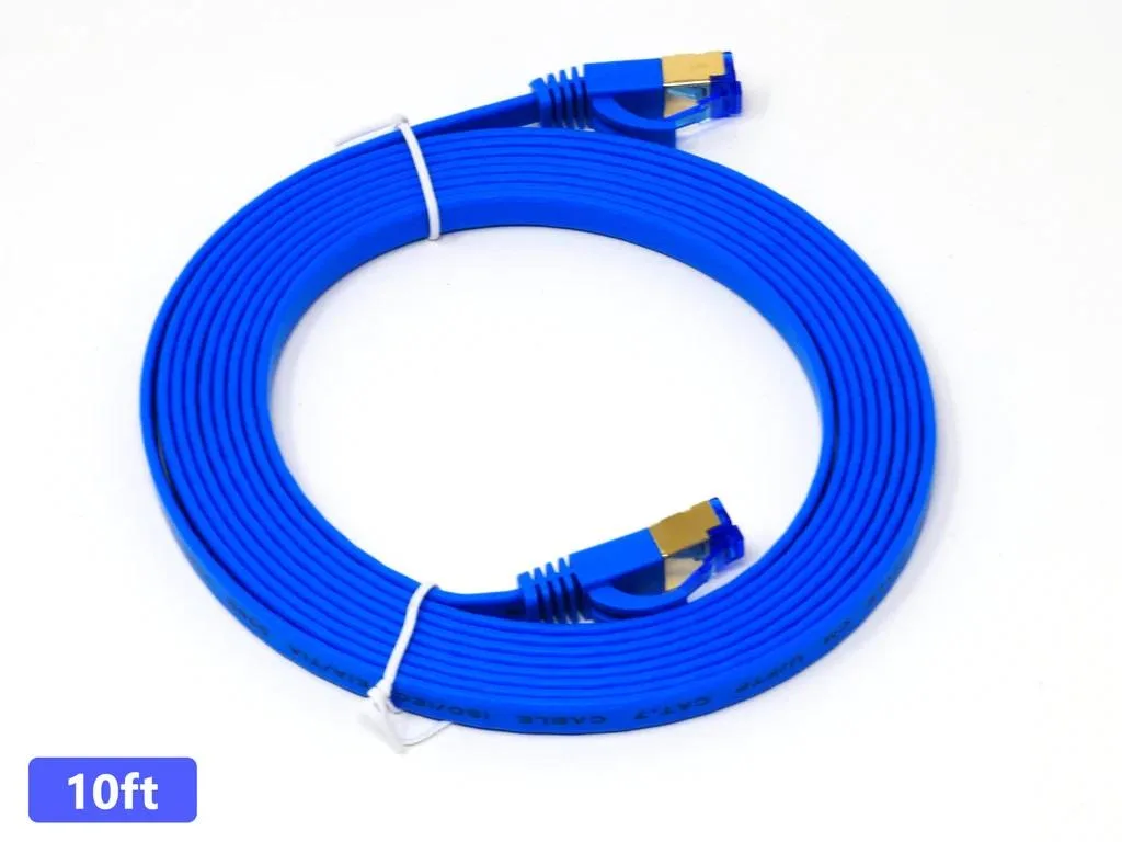 Flat blue Cat 7 Ethernet cable with RJ45 connectors, 10 ft long