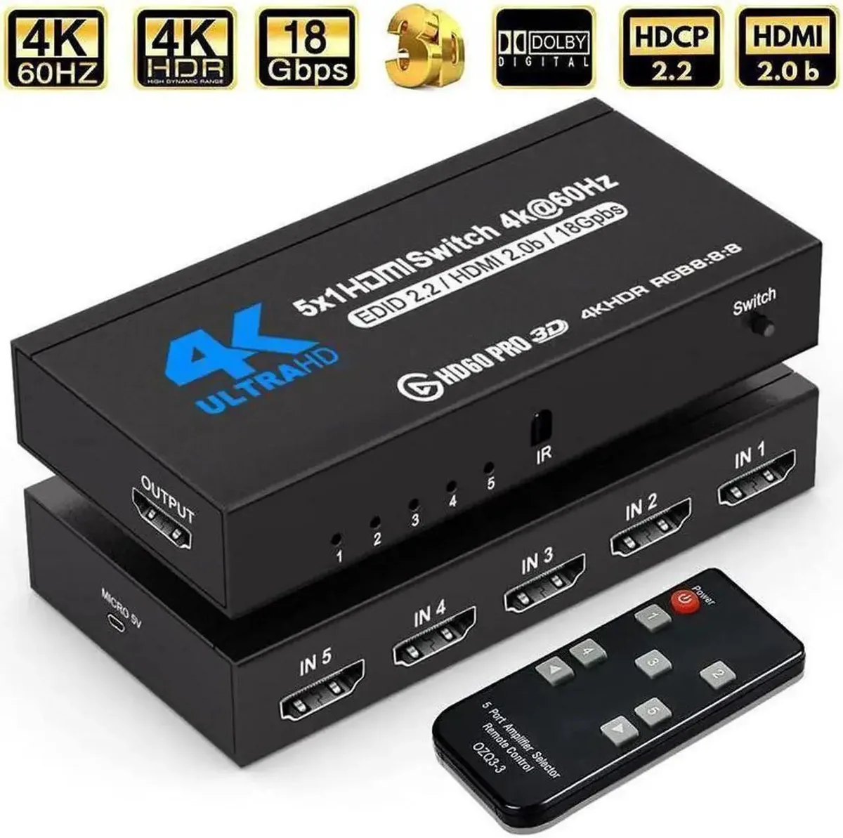 SMUGDESK SMUGDESK OZQ3-4 5-Port HDMI 2.0 Video Switch 18Gbps 4K@60Hz — product photo
