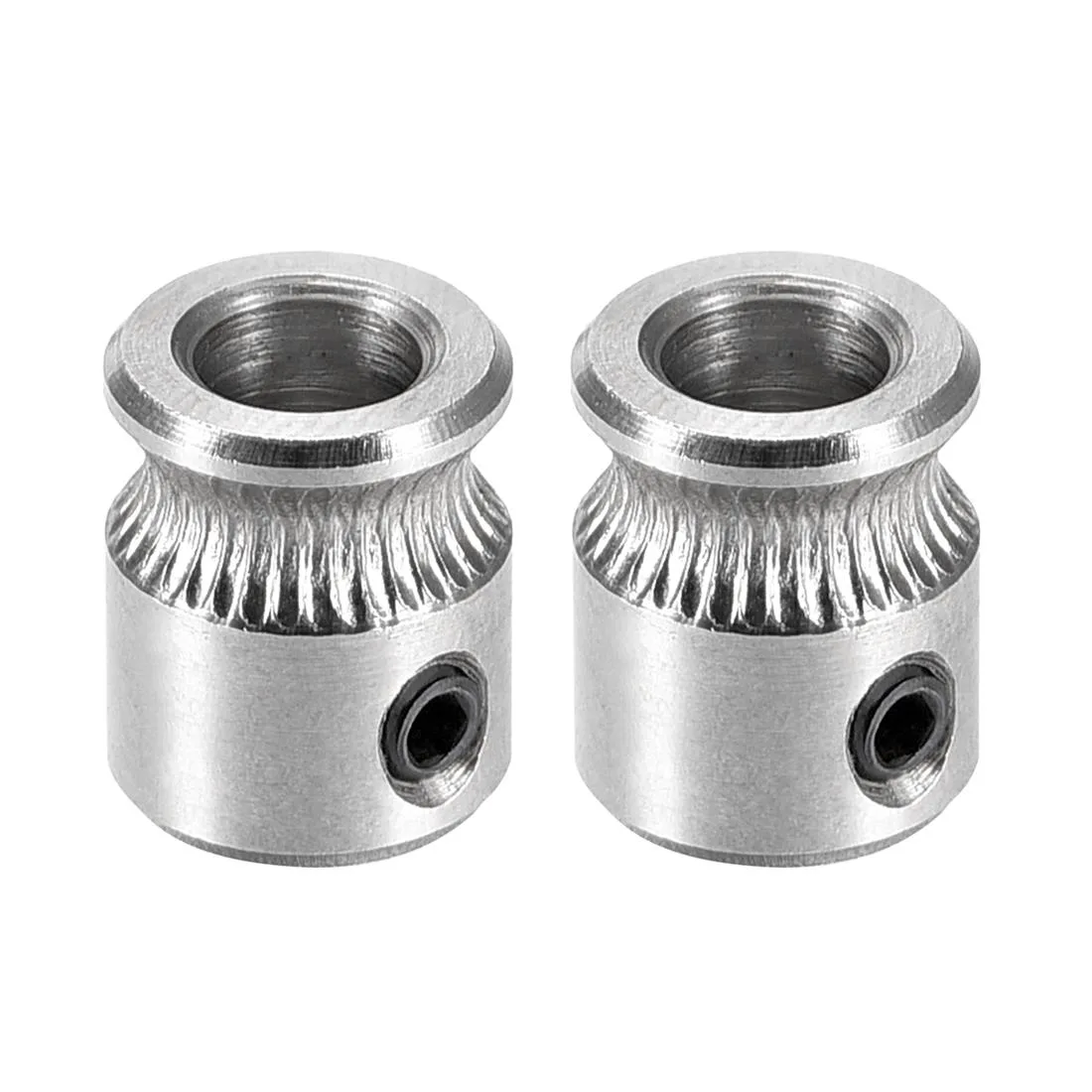 Two stainless steel MK8 drive gears with 5mm bore and deep grooves for 1.75mm filament