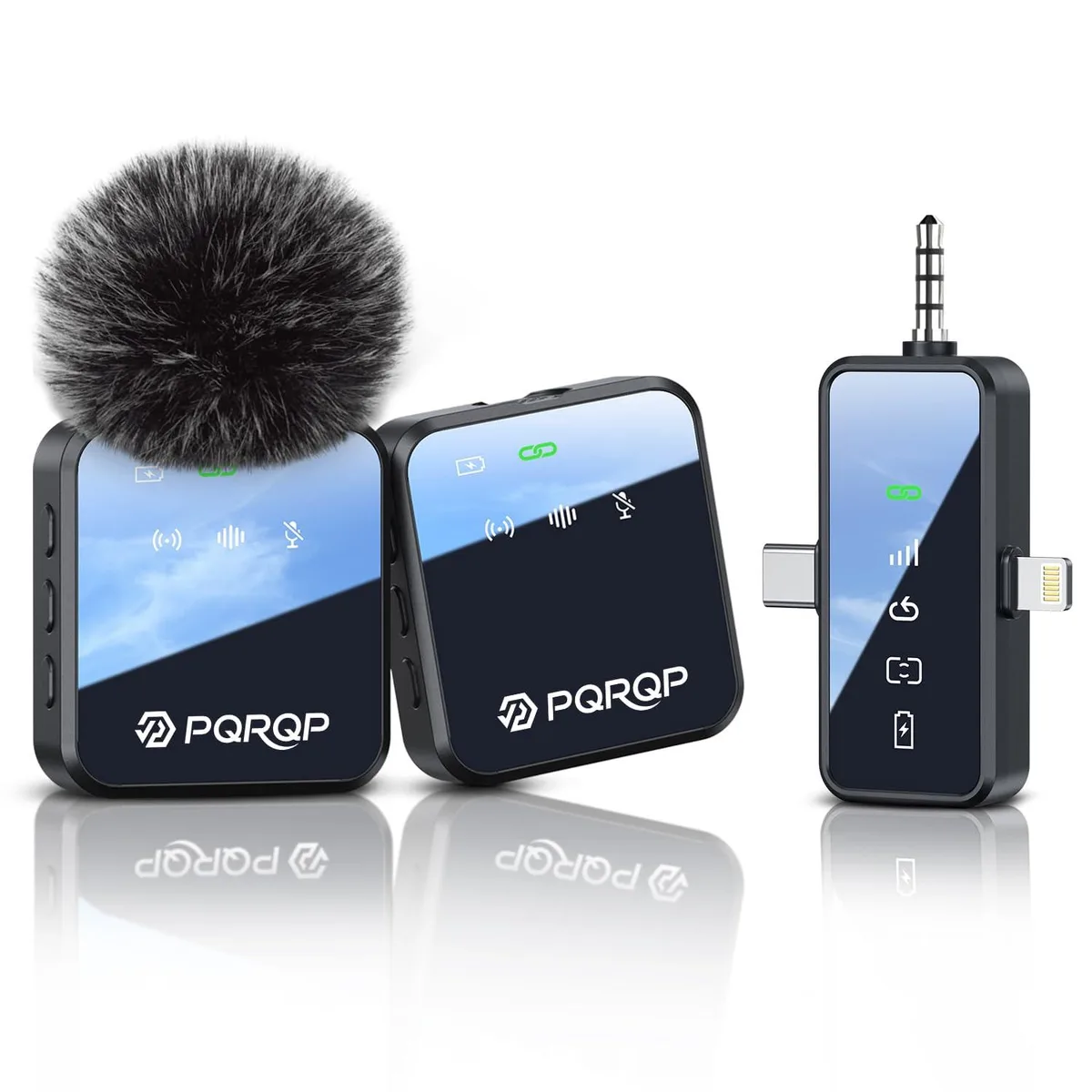 PQRQP GT20 Soot Black Wireless Lavalier Microphone 3-in-1 USB-C 3.5mm Lightning 48kHz 24-bit 328ft 20h — product photo