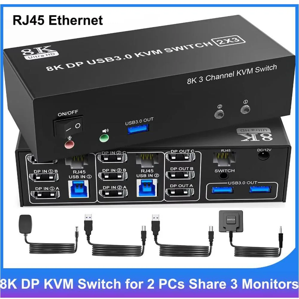Hitoor Hitoor 8K@60Hz 4K@144Hz DP 1.4 Triple Monitor KVM Switch 2 PC 3 Monitors RJ45 3 USB 3.0 Audio — product photo