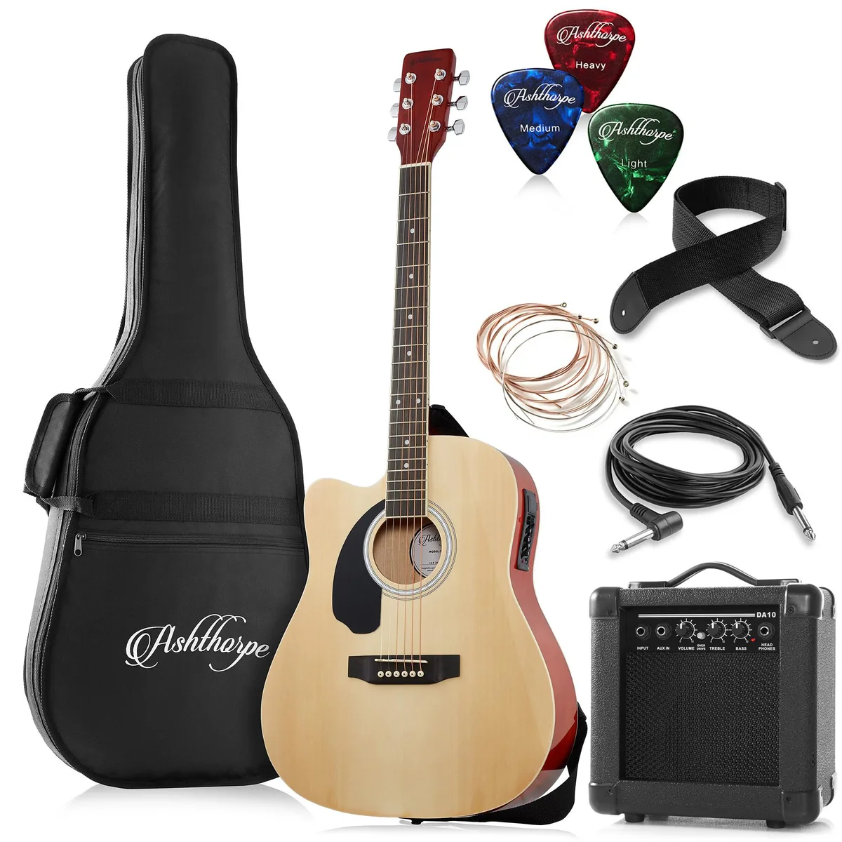 Ashthorpe Ashthorpe Left-Handed 41" Dreadnought Cutaway Acoustic-Electric Guitar with 10W Amp - Natural — product photo