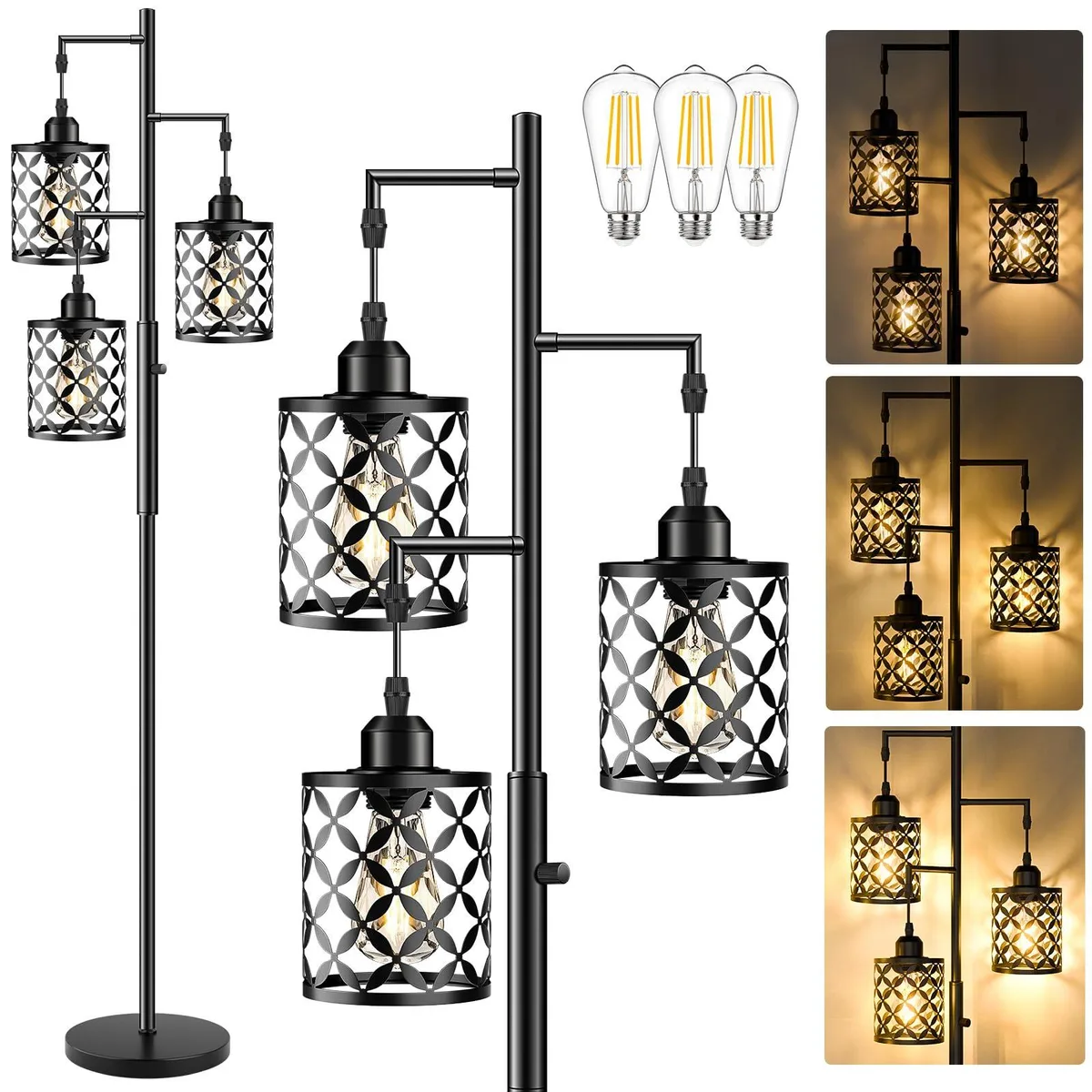 Black 68 inch floor lamp with three metal cage shades and rotary switch
