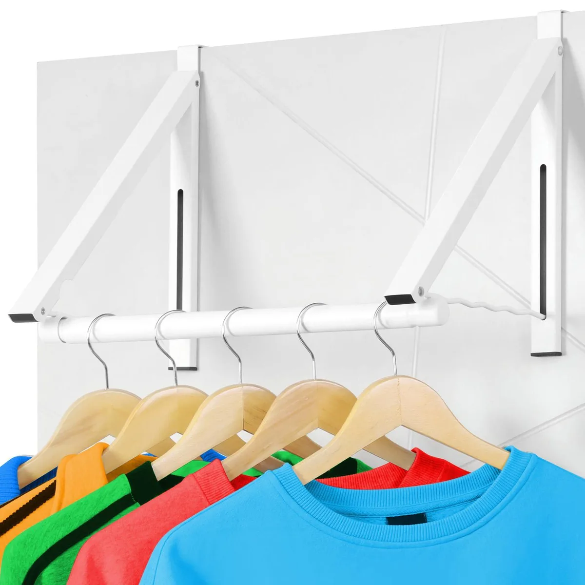 White foldable over-the-door hanger with adjustable metal arms extended