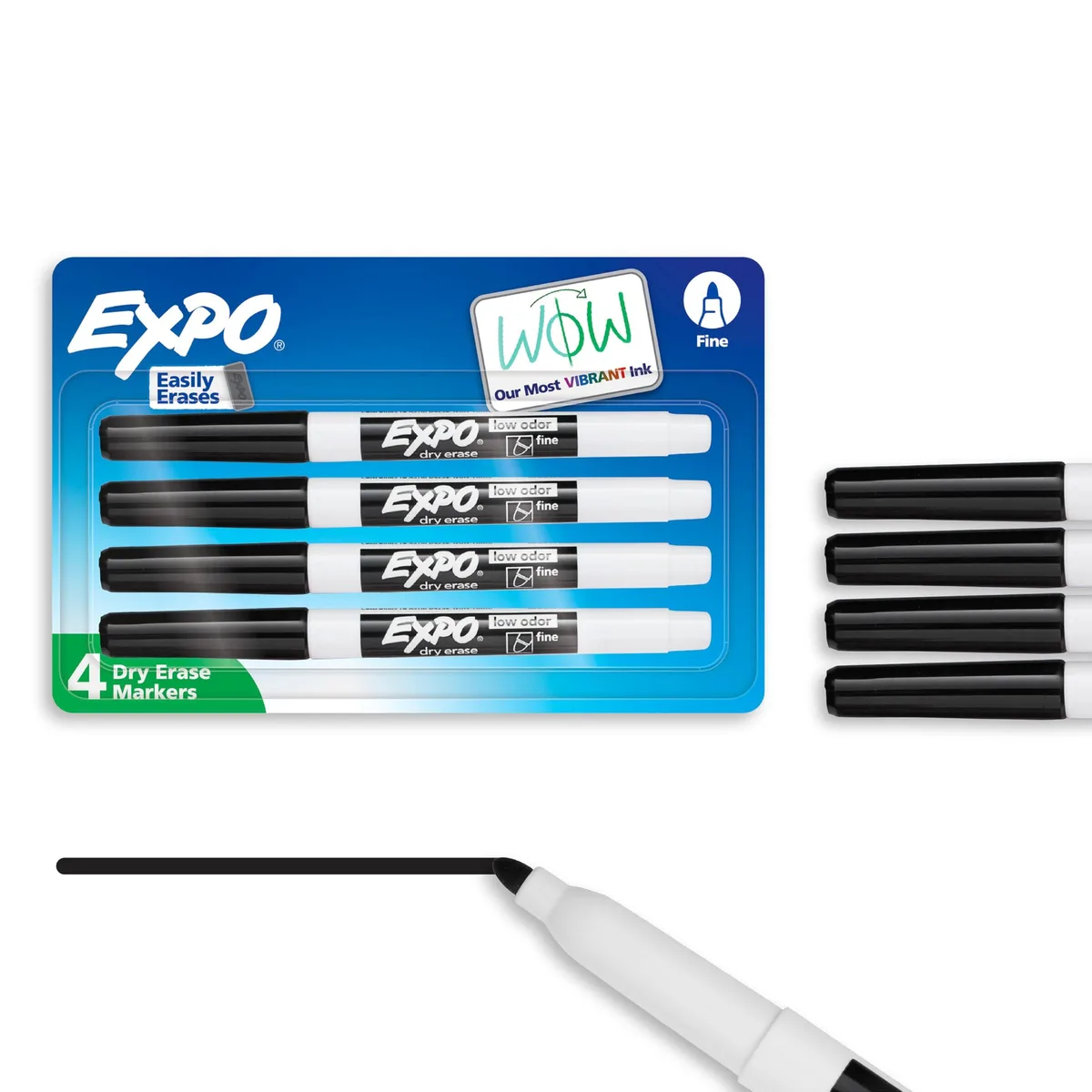 Four black fine-tip dry erase markers in packaging