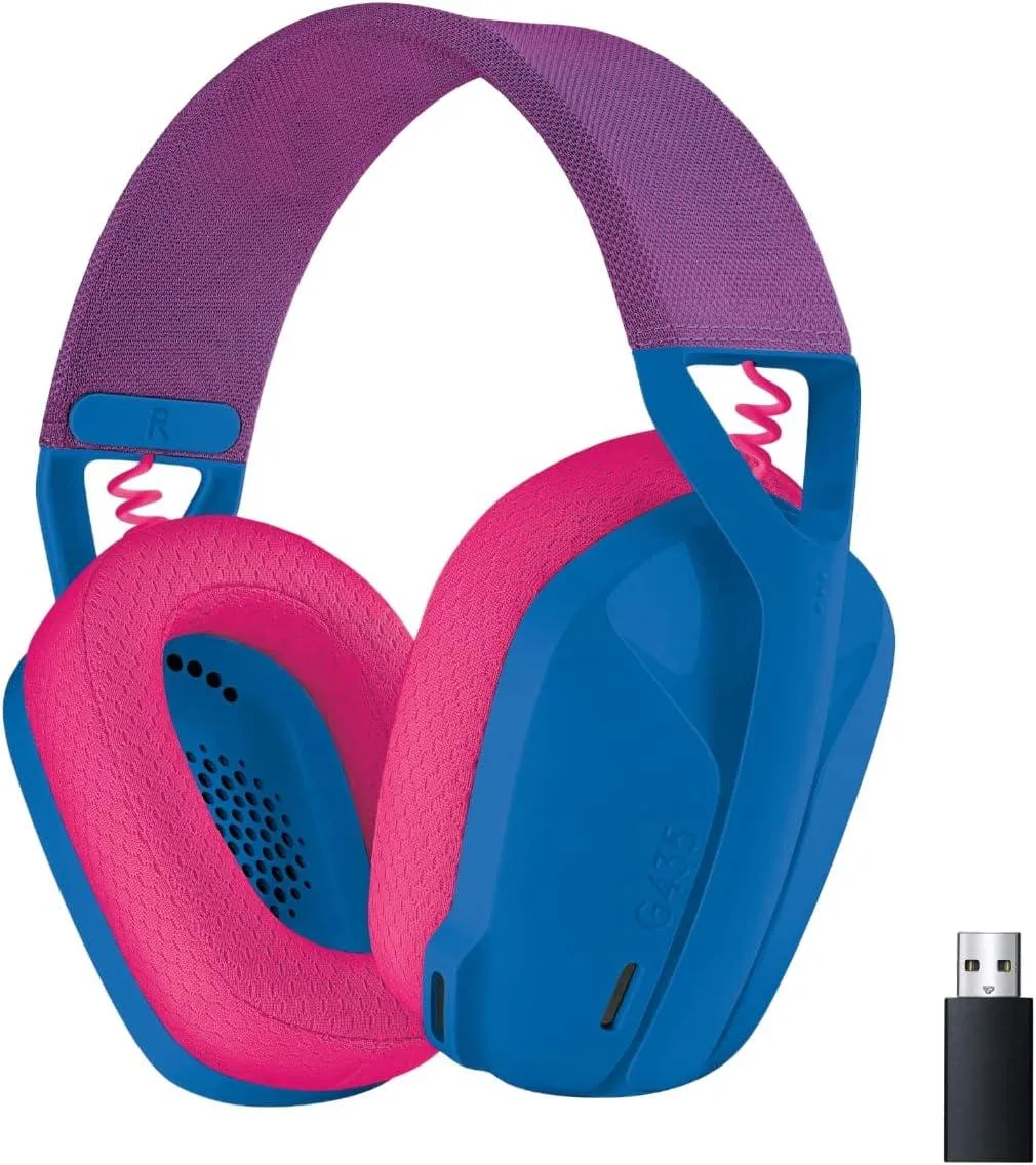 Lightweight blue over-ear wireless headset with fabric earcups and no boom mic