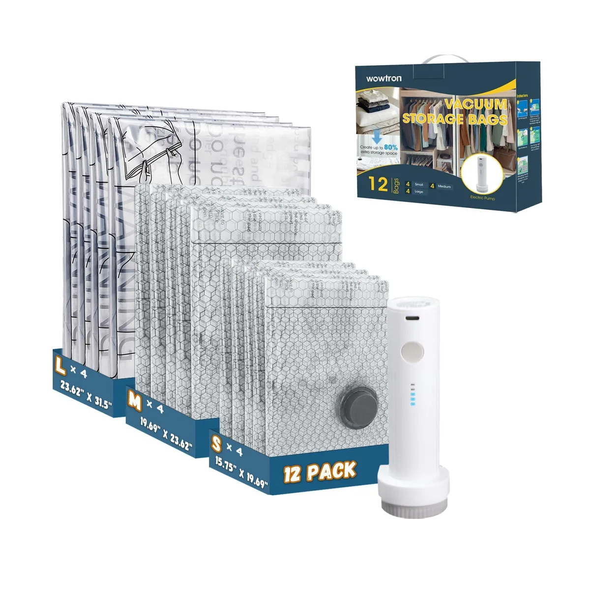 Twelve vacuum bags with rechargeable pump, assorted sizes