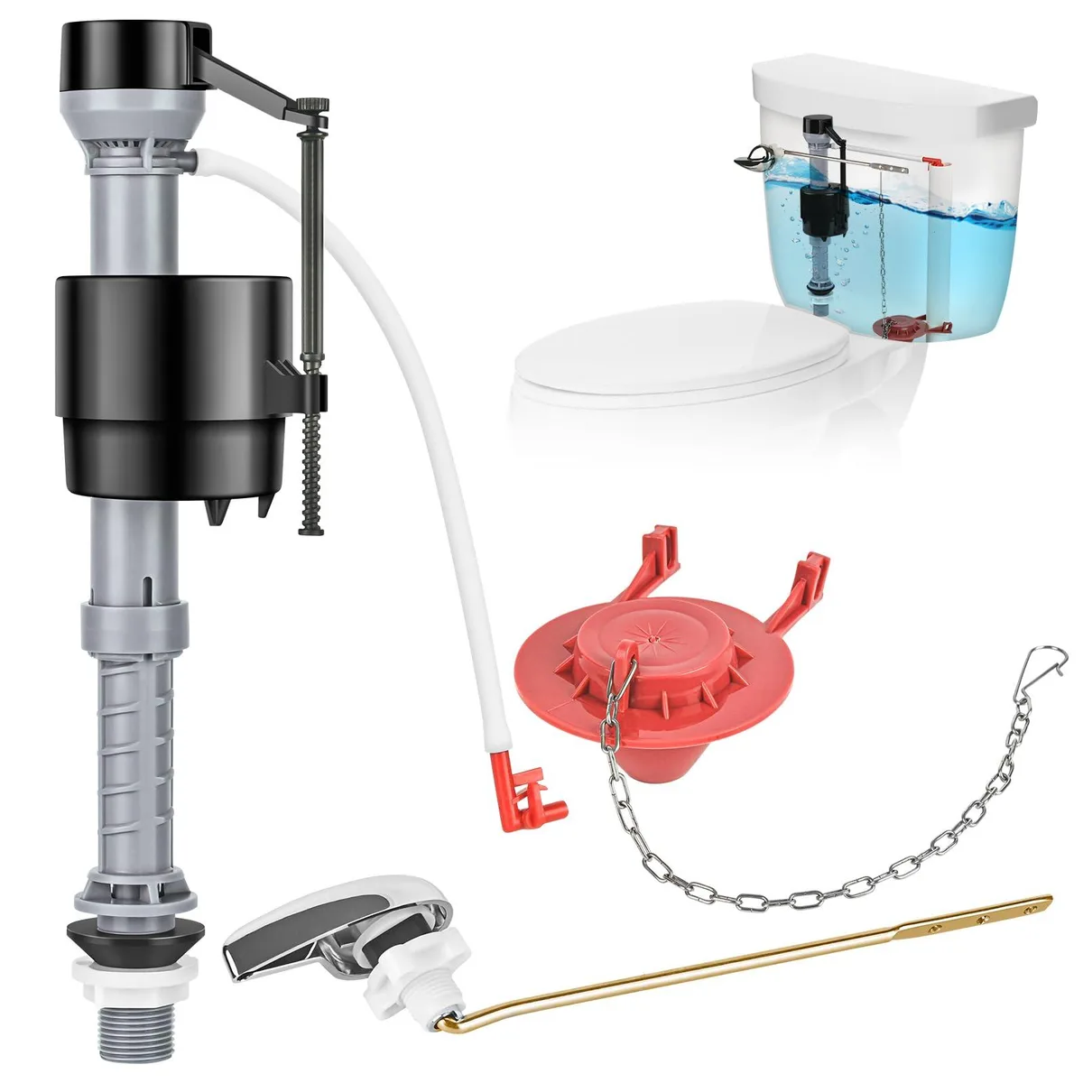 Red toilet repair kit with fill valve, flapper and handle lever