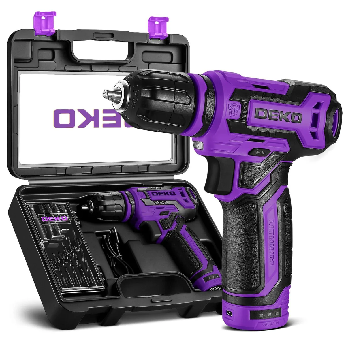 Purple 12 V lithium-ion cordless drill with keyless chuck and LED light