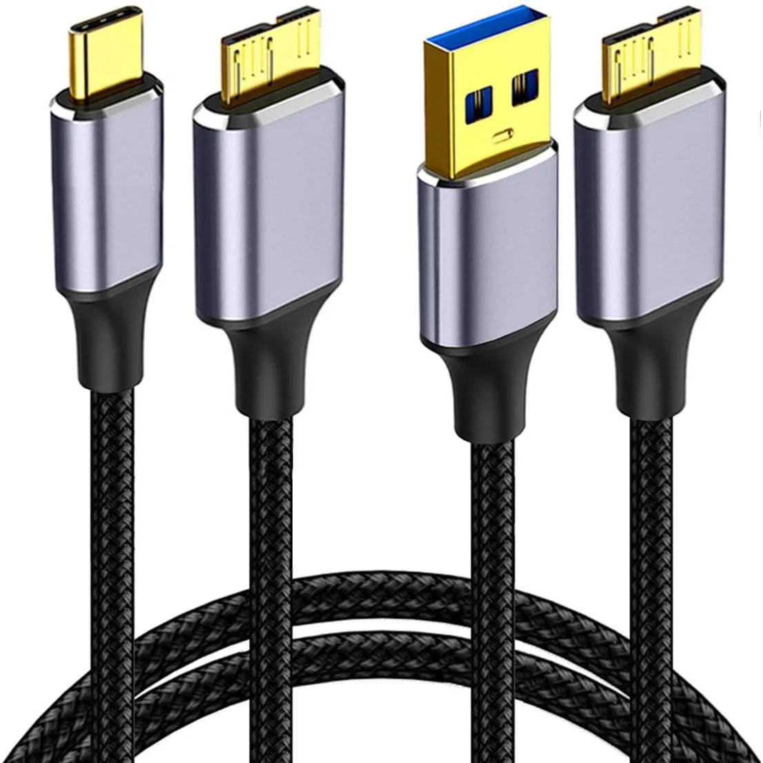 Two space-grey nylon-braided Micro USB 3.0 cables, USB-A and USB-C to Micro-B, 6.6 ft each