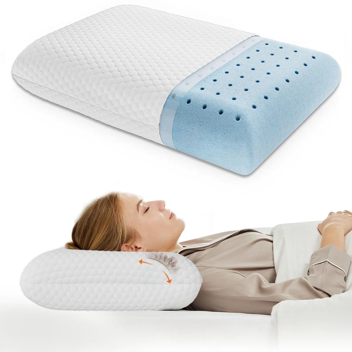 White rectangular memory foam pillow with breathable mesh side panel and removable washable cover