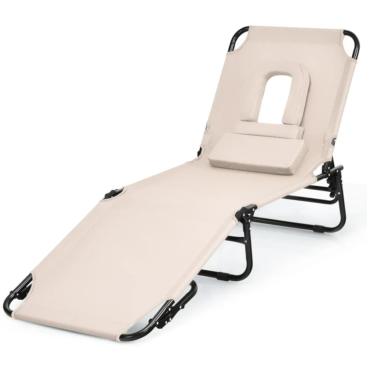 Beige folding chaise lounge with adjustable back and face hole, iron frame, Oxford cloth
