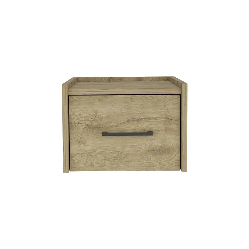 Wall-mounted nightstand in beige engineered wood with single drawer and handle