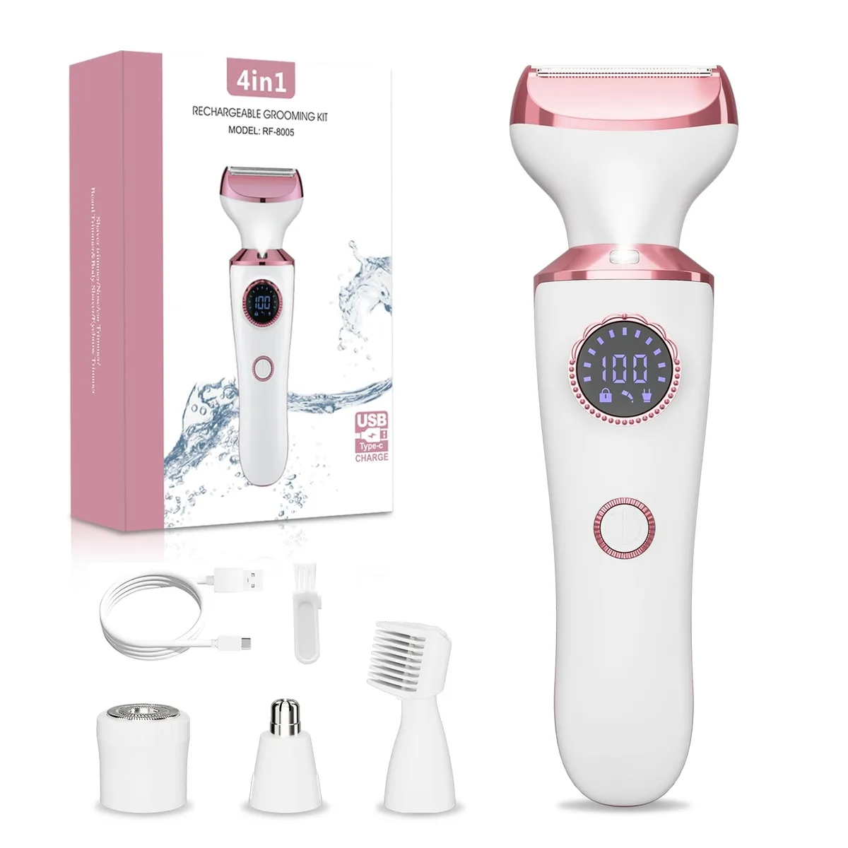Rose gold electric shaver with interchangeable heads, slim cylindrical body