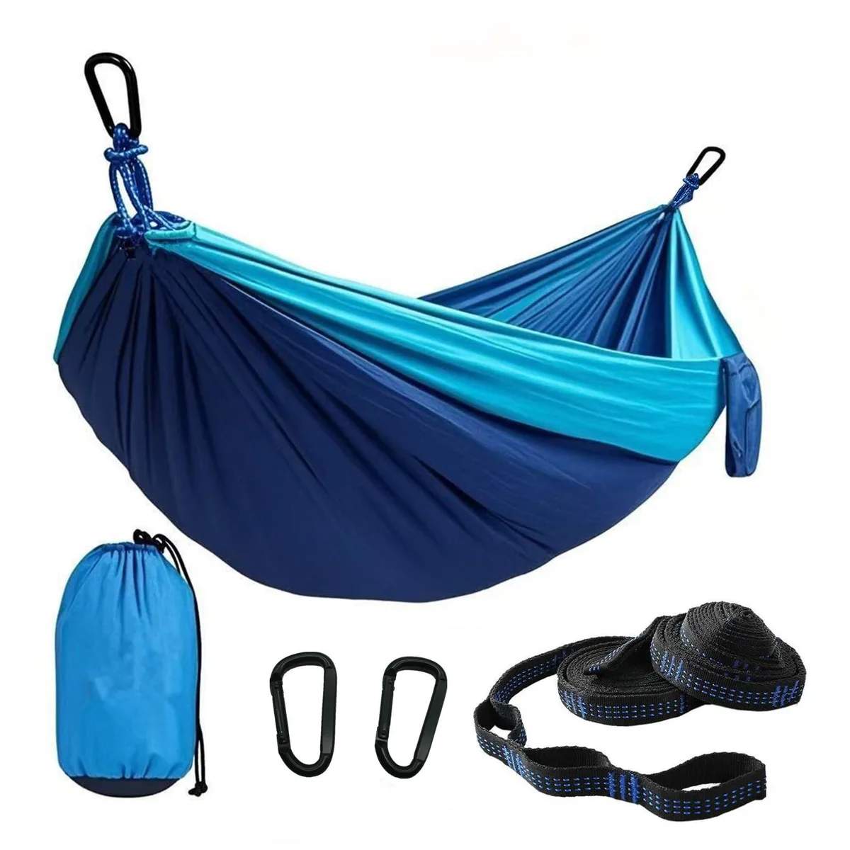 Lightweight 210T parachute nylon hammock with 10ft tree straps and 18 adjustable loops per strap