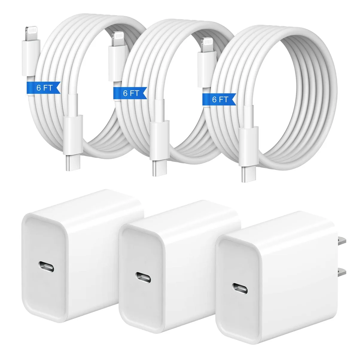  STAMISH CA-15T 20W USB-C charger 3-pack with 6ft cables — product photo