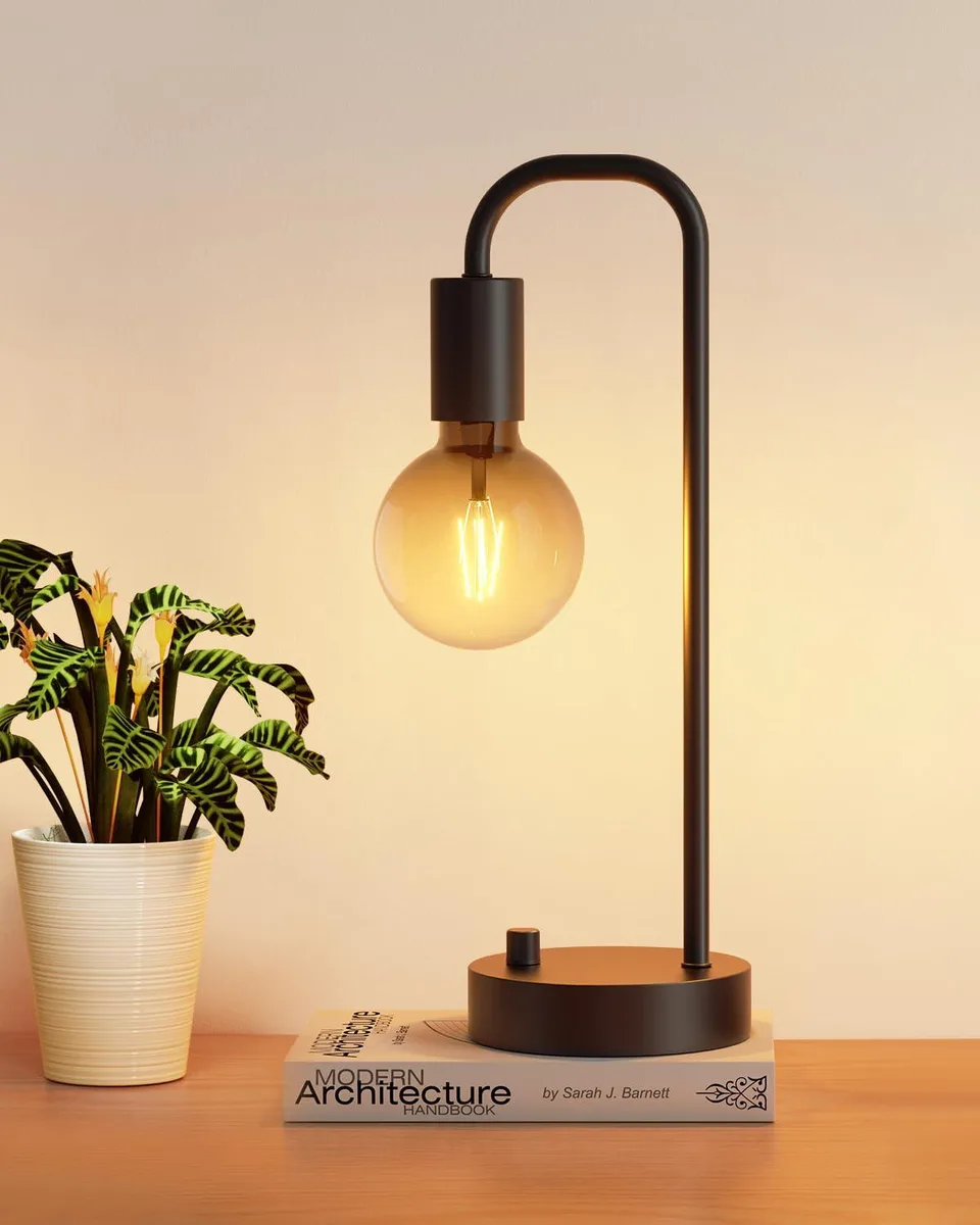 ONEWISH industrial table lamp with matte black pole, weighted round base and clear glass globe shade, 17.1 in tall