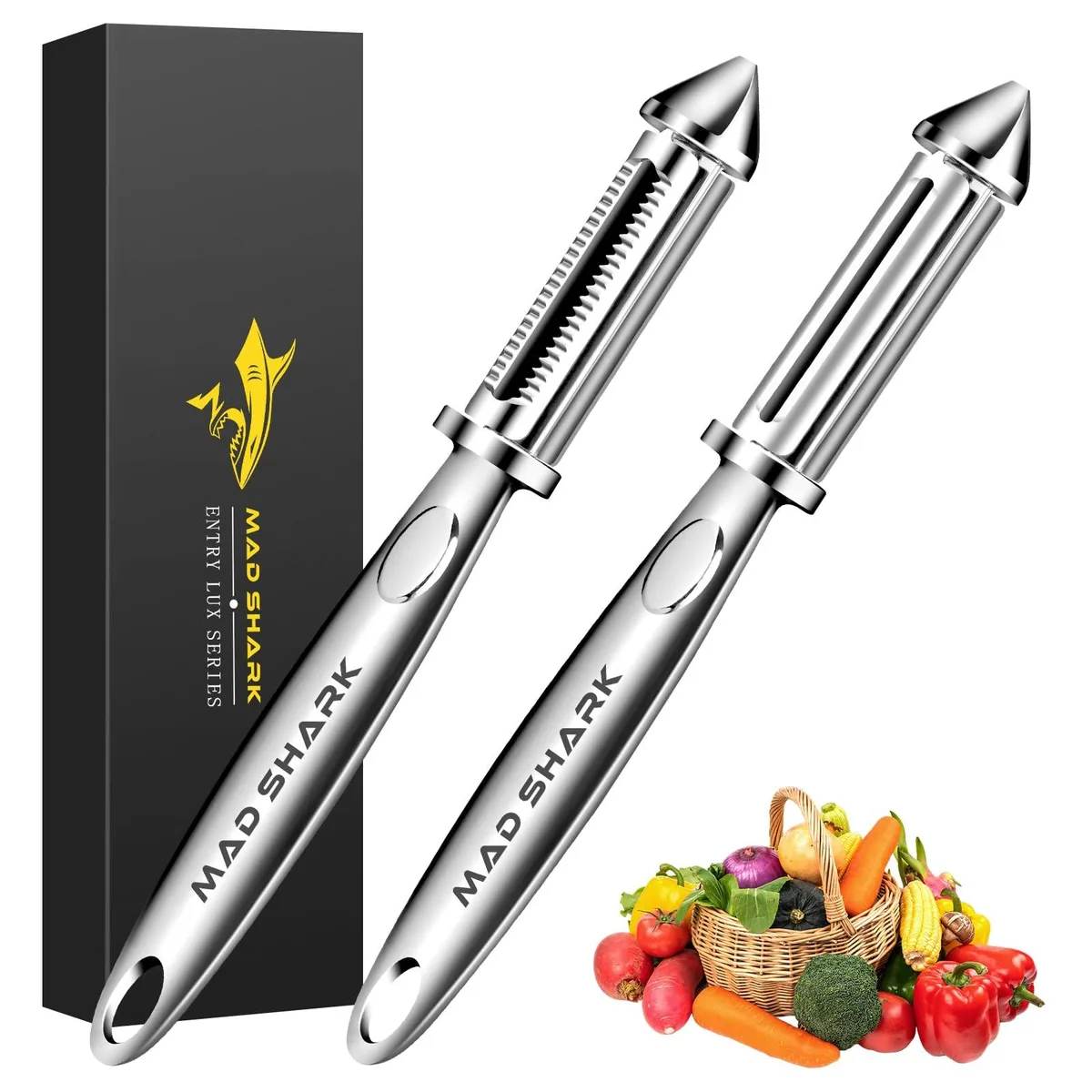 Two I-shaped stainless-steel peelers, one serrated one flat, orange handles, 0.44 lb pair