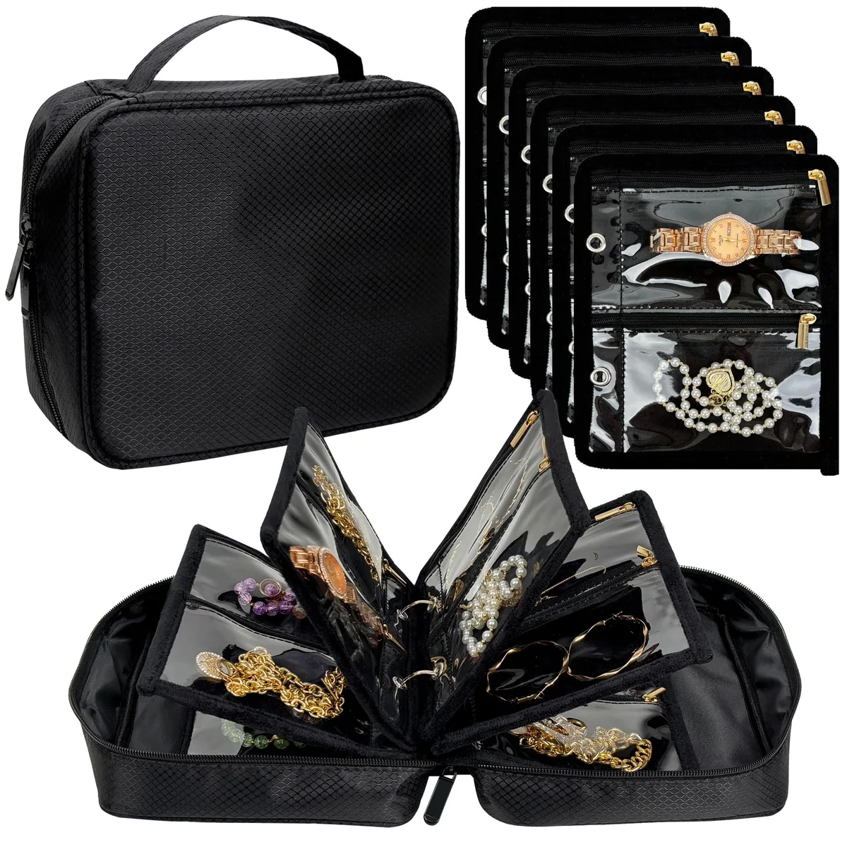 Black zippered travel case with 24 clear velvet pouches inside
