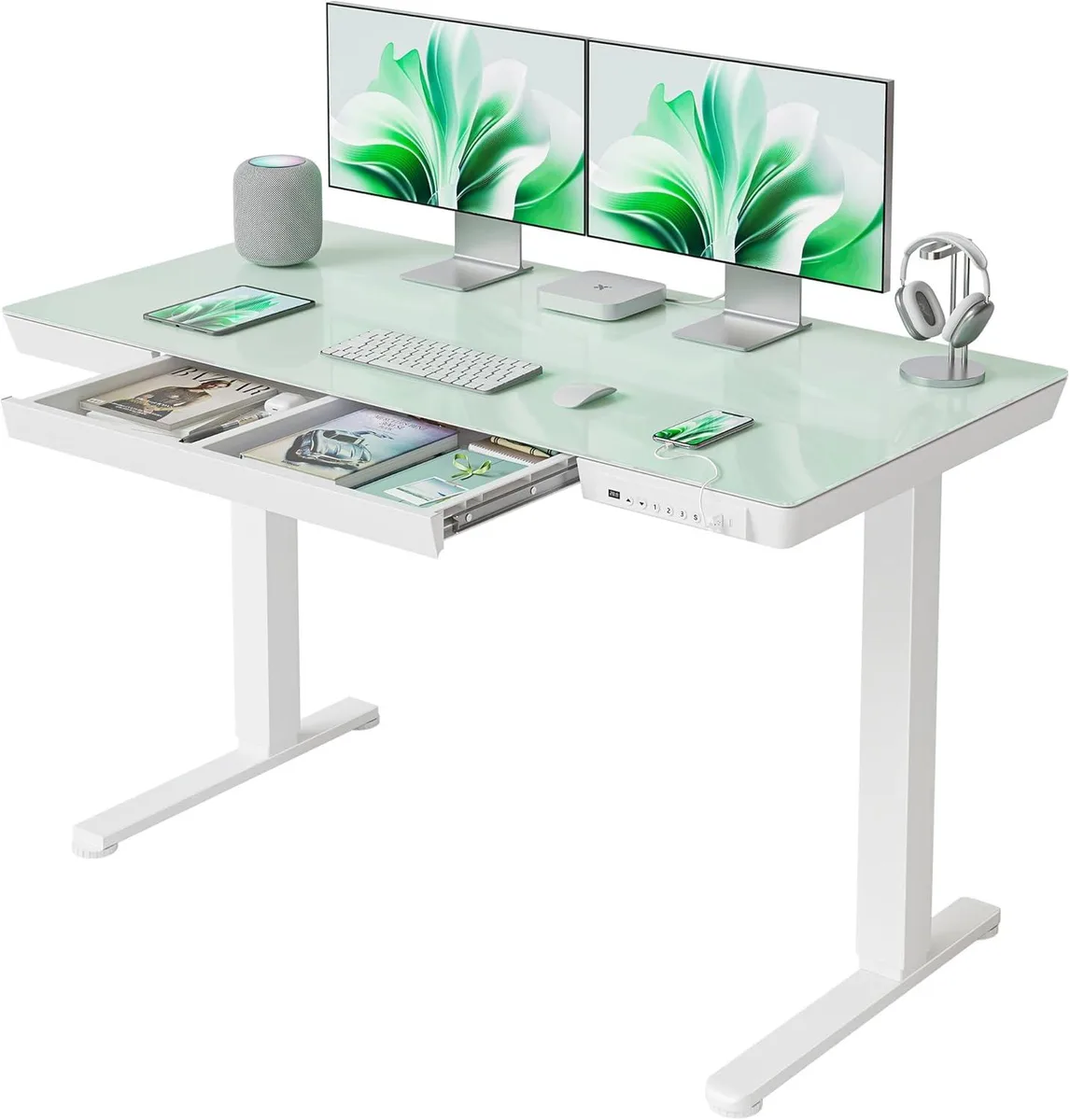White rectangular glass standing desk with integrated drawer and embedded controller, 48 by 24 inches