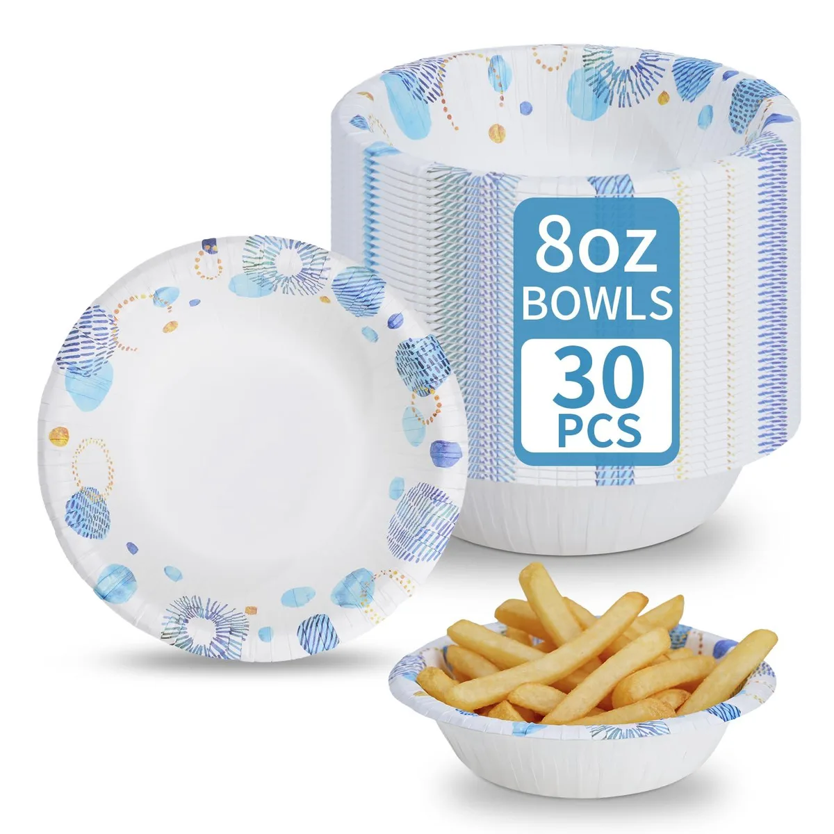 Stack of small round blue-patterned paper bowls, 8oz capacity
