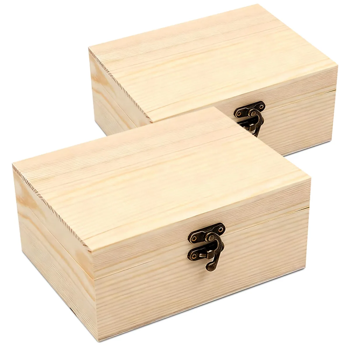 Four small unfinished pine boxes with hinged lids and front clasps