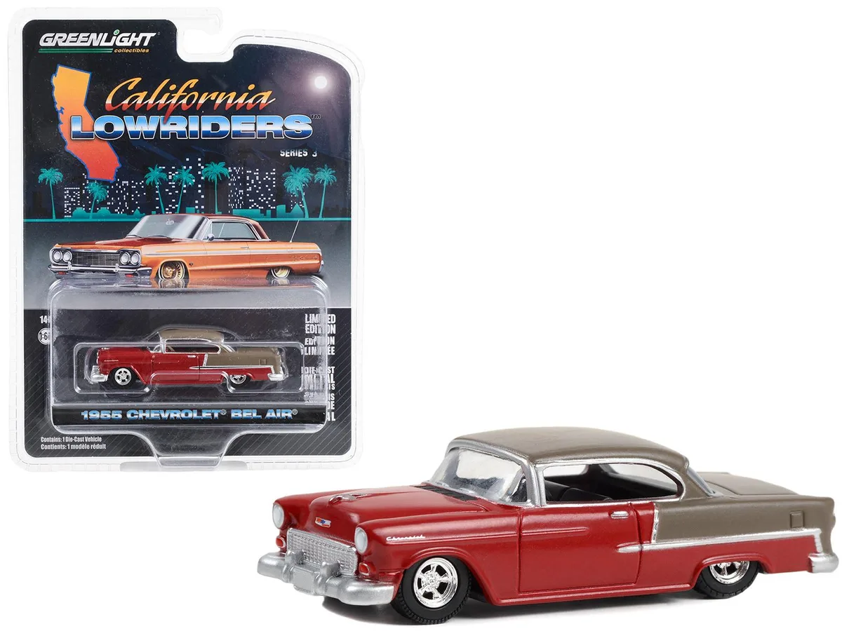 1955 Chevrolet Bel Air Lowrider diecast model in ruby red and matt bronze, 1/64 scale, detailed interior and exterior