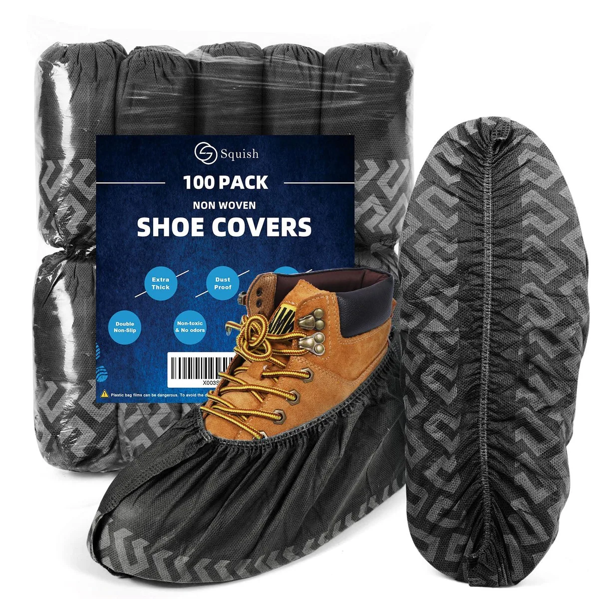 Black disposable shoe covers in a 100 pack with elastic bands and textured soles