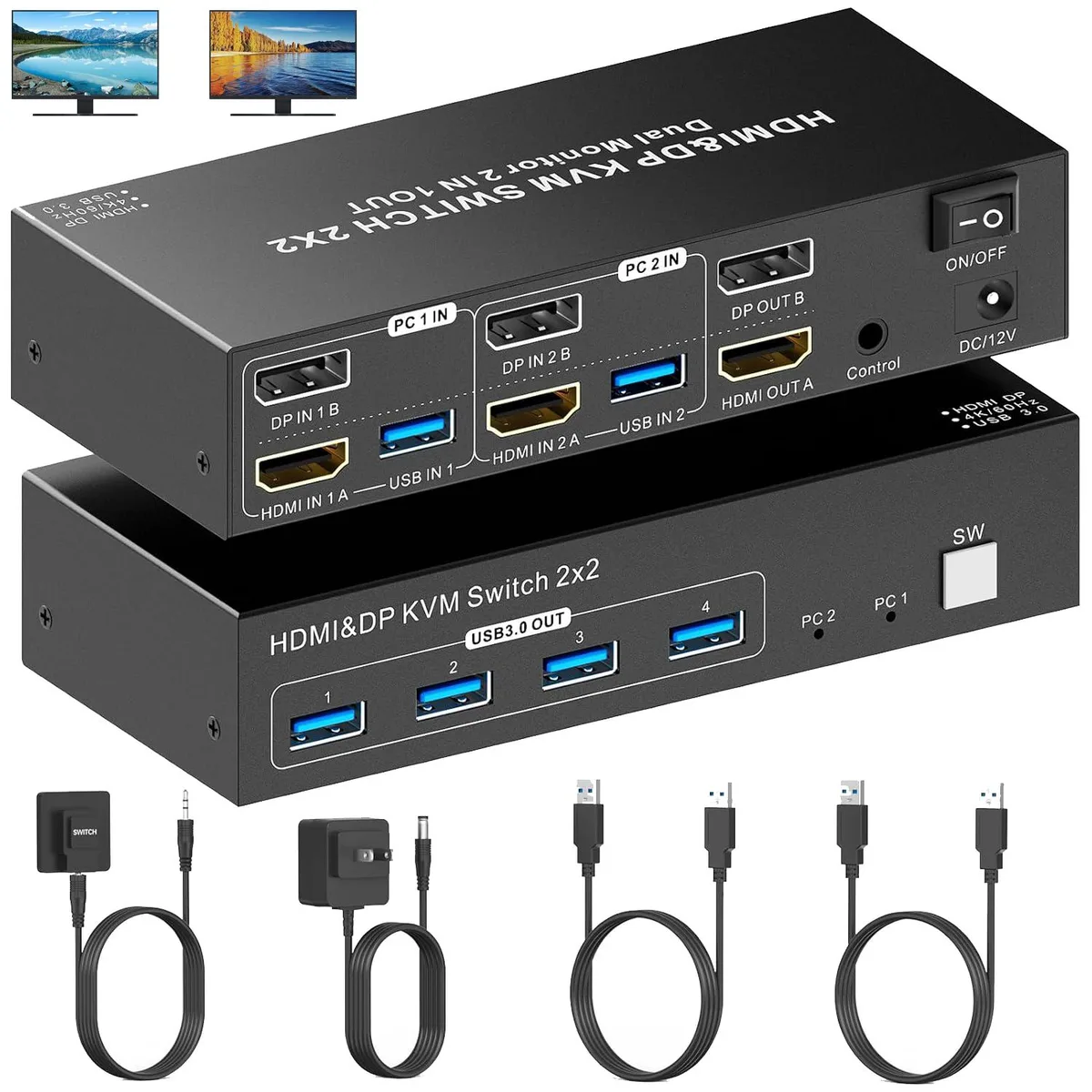 AUTYUE AUTYUE HDMI+DP Dual Monitor KVM Switch 4K@60Hz 2 PCs 4 USB 3.0 — product photo
