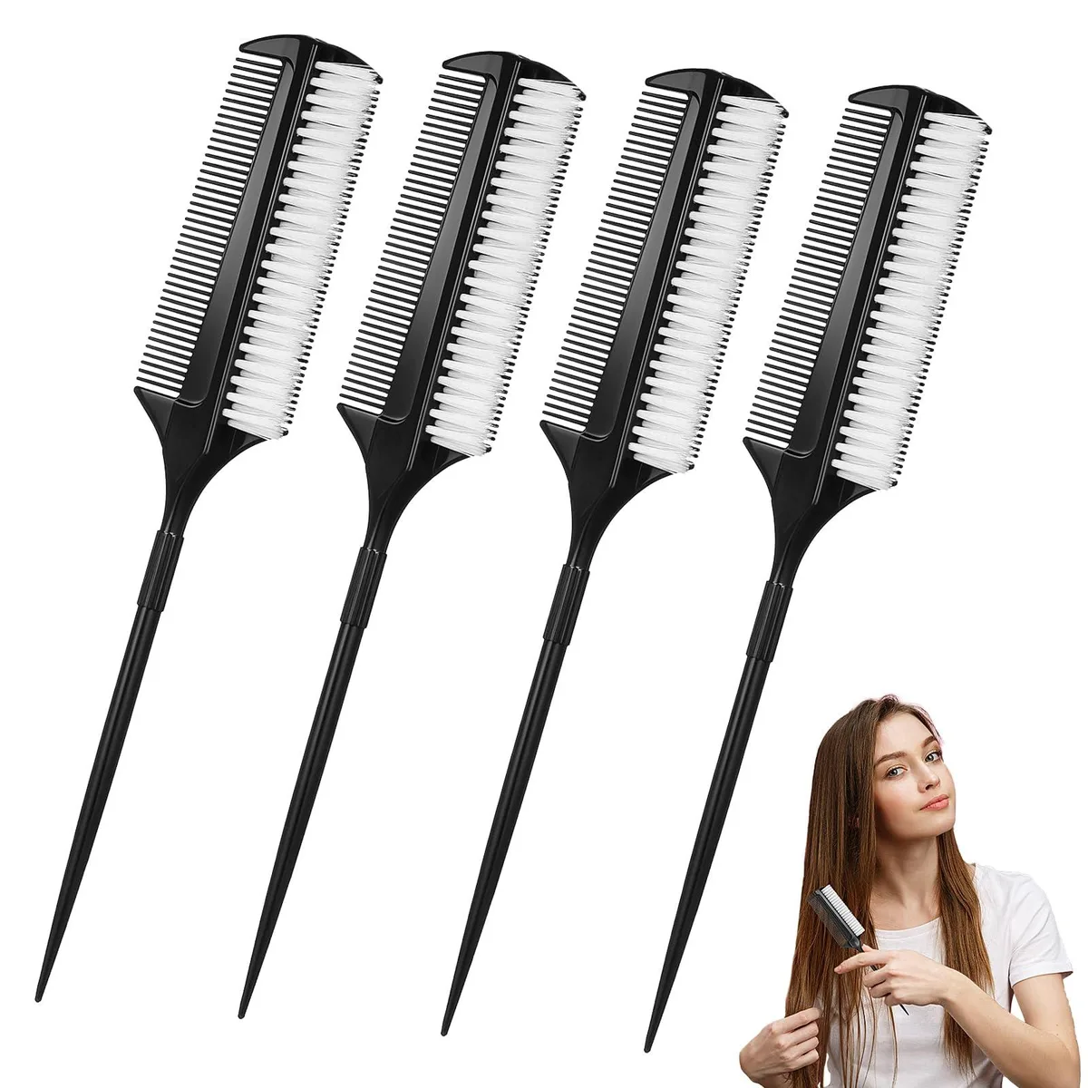 Four black plastic hair brushes and double-sided combs lying flat