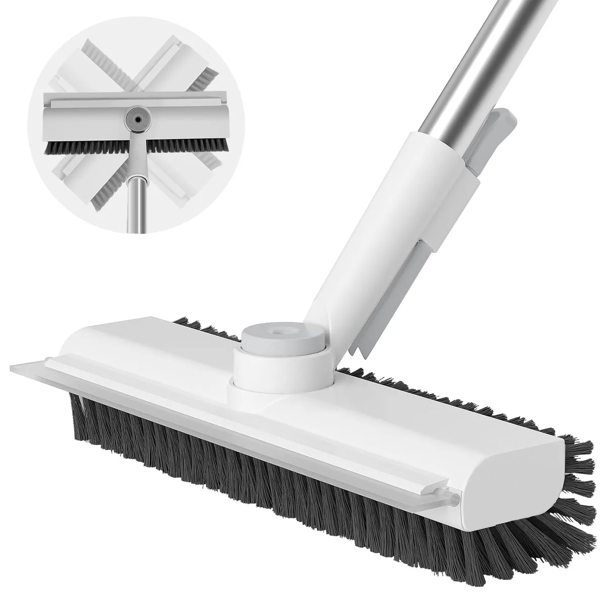Black floor scrub brush with 360-degree rotating head, extendable handle adjustable to 30, 40, 50 inches