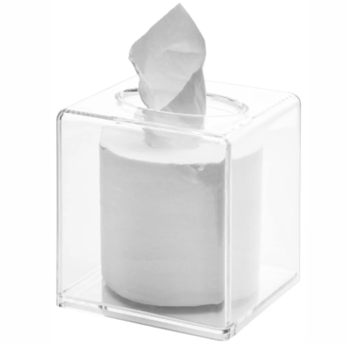 Clear square acrylic tissue box holder, 5.5 inch sides, open bottom