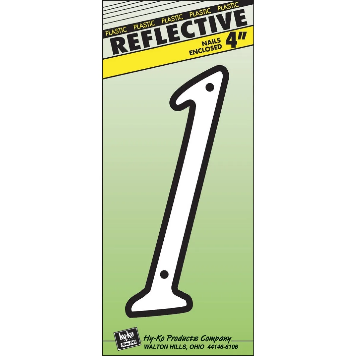 White reflective plastic house number one with raised script lettering and black backing