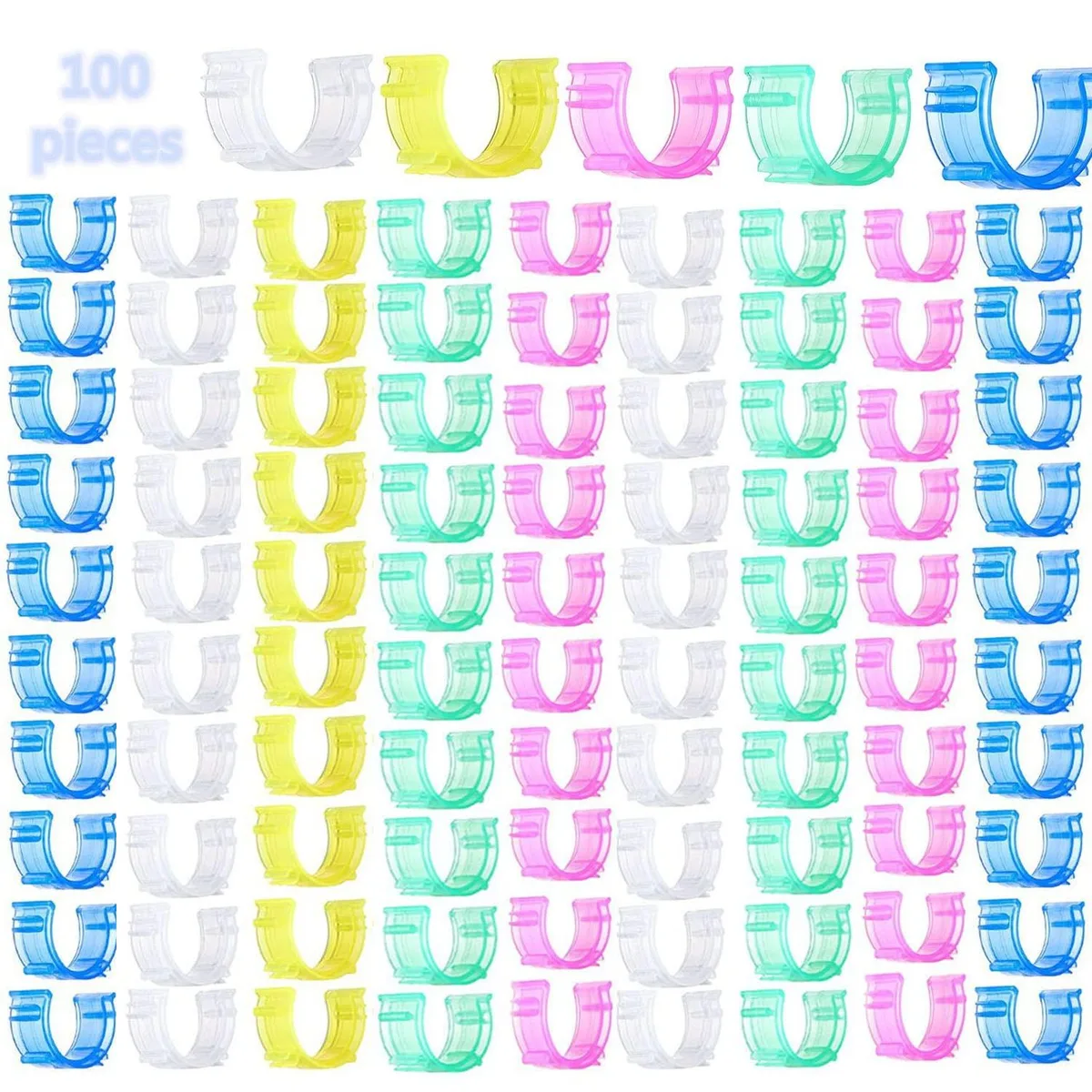 One hundred small plastic bobbin clips in five colours, each clip about 27 mm long with 18 mm inner diameter