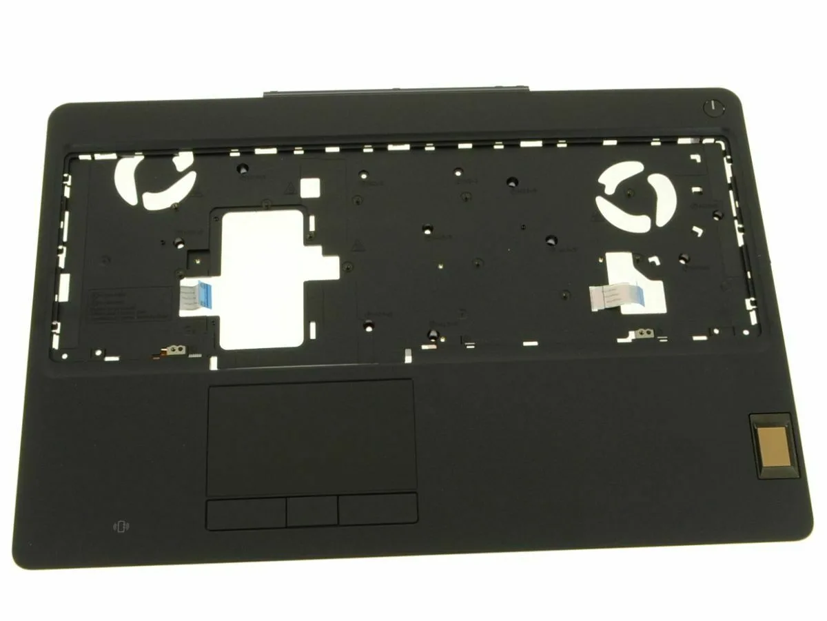 Black laptop palmrest assembly with touchpad fingerprint reader and mouse buttons
