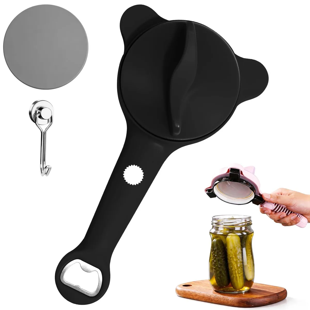 Black adjustable jar opener with ergonomic handle and three-prong grip