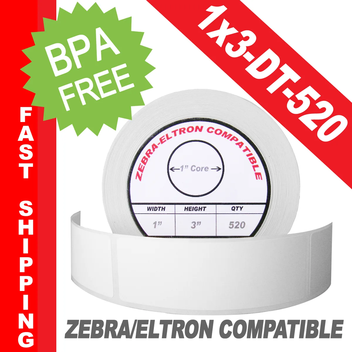 A roll of 520 white direct thermal labels on a 1 inch core