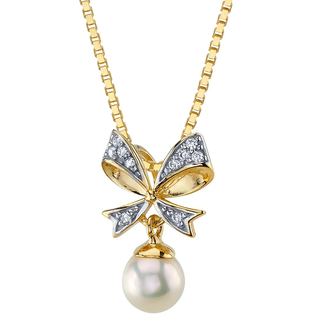Oravo Oravo 14K Yellow Gold Freshwater Pearl Bow Tie Dangle Pendant Necklace 5.0mm Pearl 18 inch Chain .49g — product photo