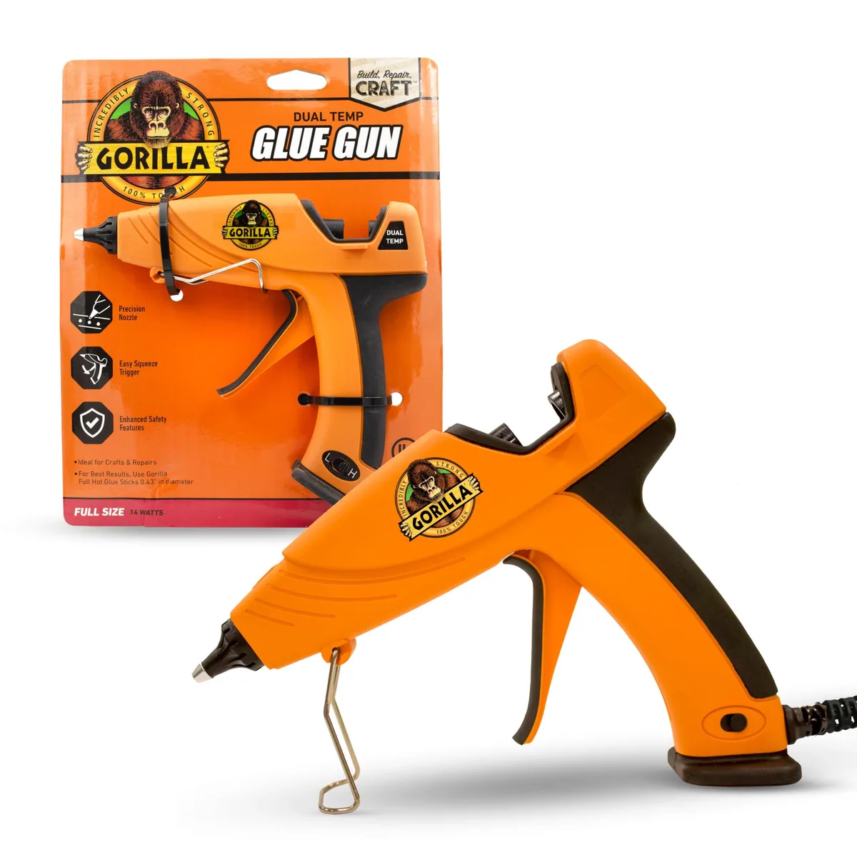 White full-size hot glue gun with orange accents and insulated nozzle