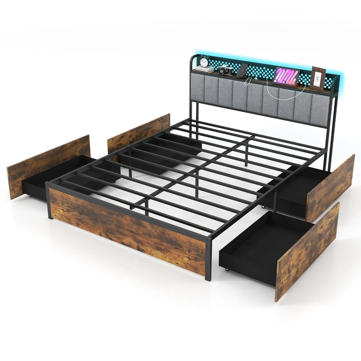 SlickBlue SlickBlue Queen Bed Frame with LED Lights, Upholstered Headboard, 4 Storage Drawers, Rustic Brown — product photo