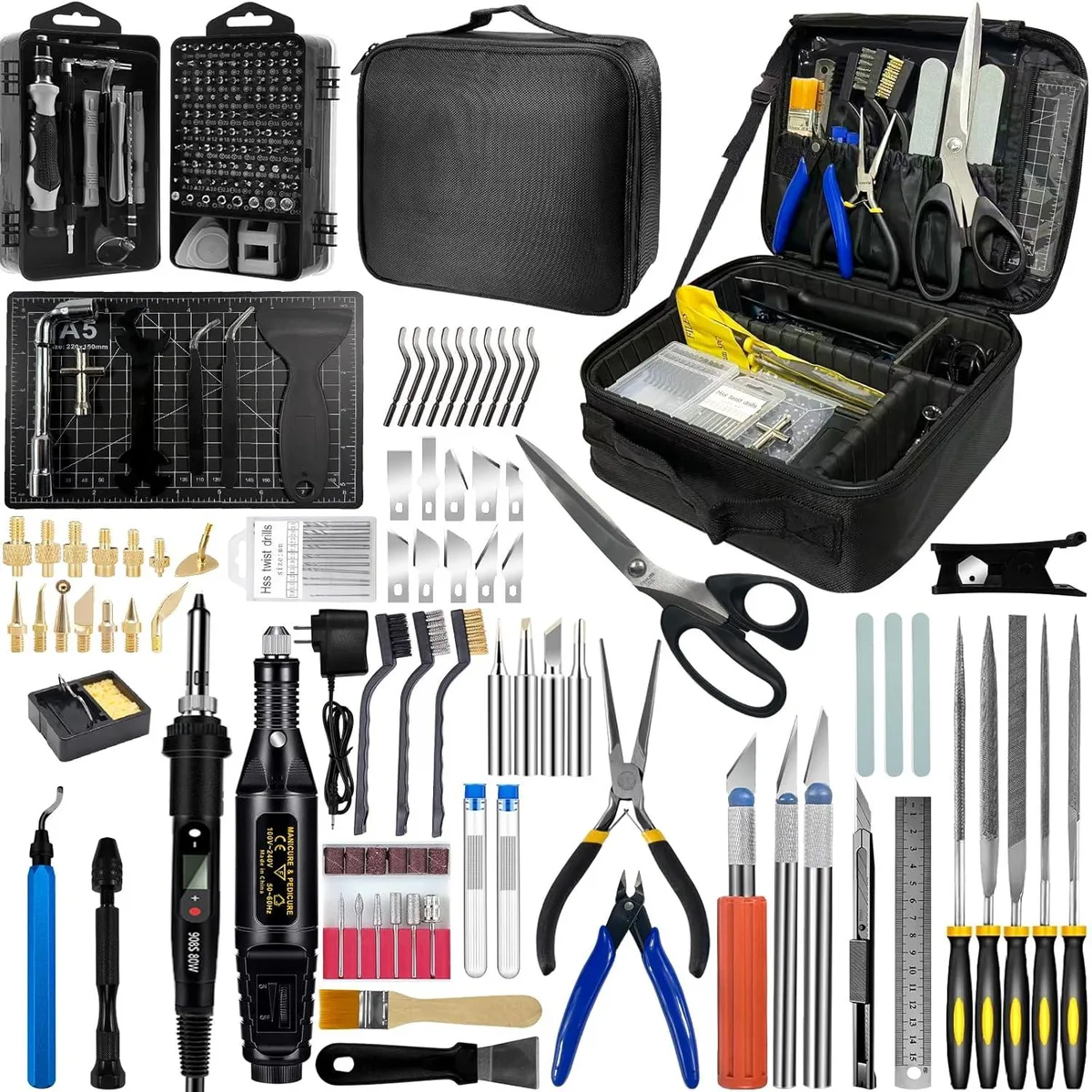 Portable case holding 233-piece 3D printer tool kit with soldering iron