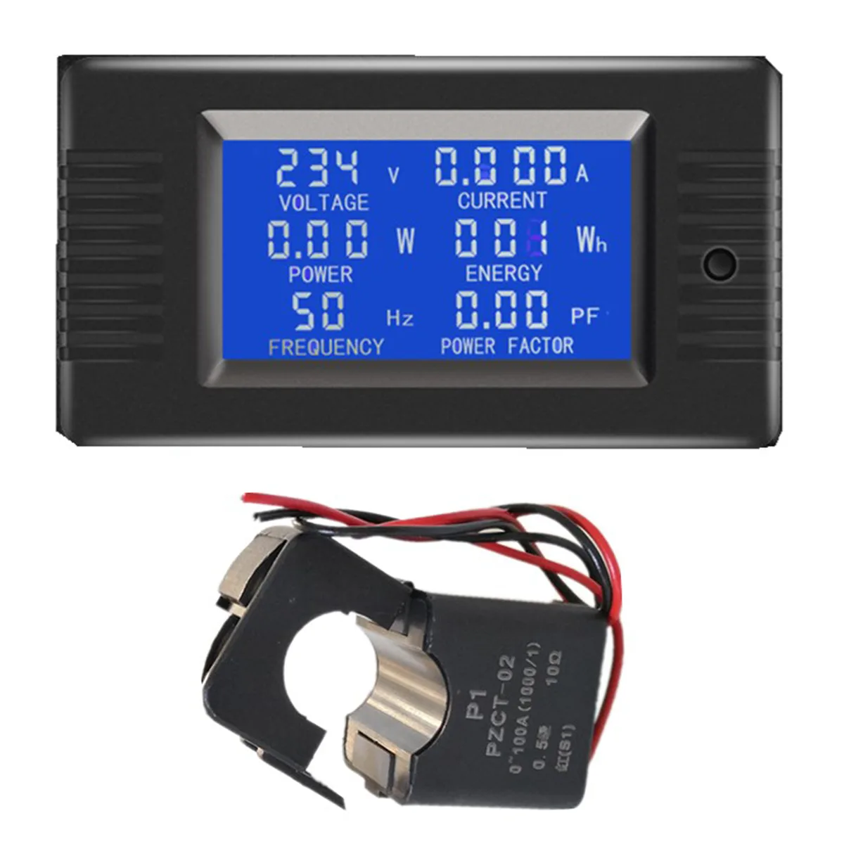 Rectangular digital panel meter with LCD screen and split-core current transformer
