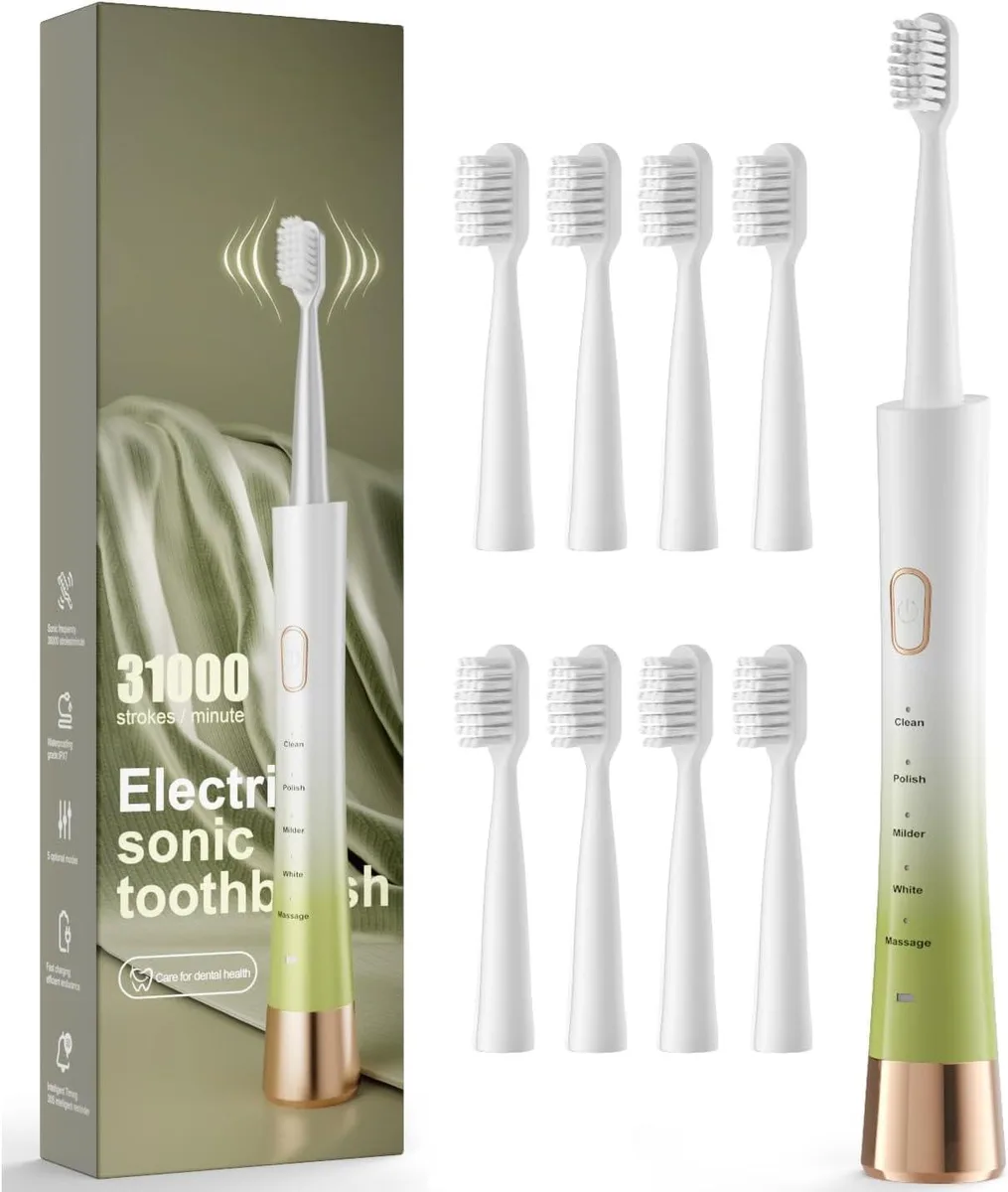 White and green gradient sonic toothbrush, slim handle, brush head attached