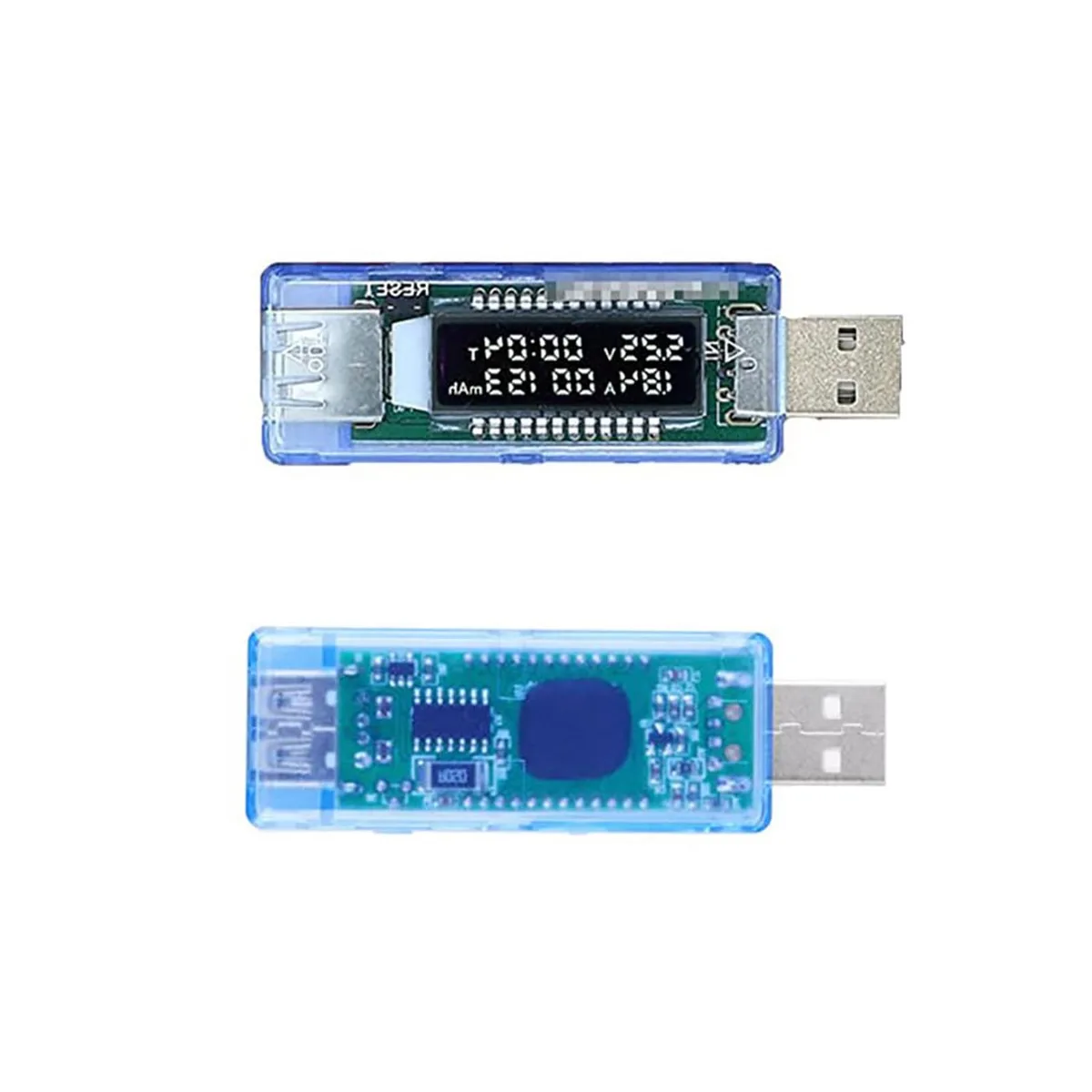Small transparent blue USB tester with LCD screen, 73 by 23 by 13.5 mm, 25 g