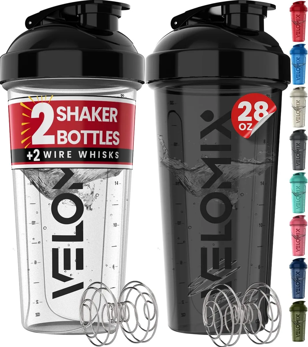 Two 28 oz black and transparent shaker bottles with wire whisks